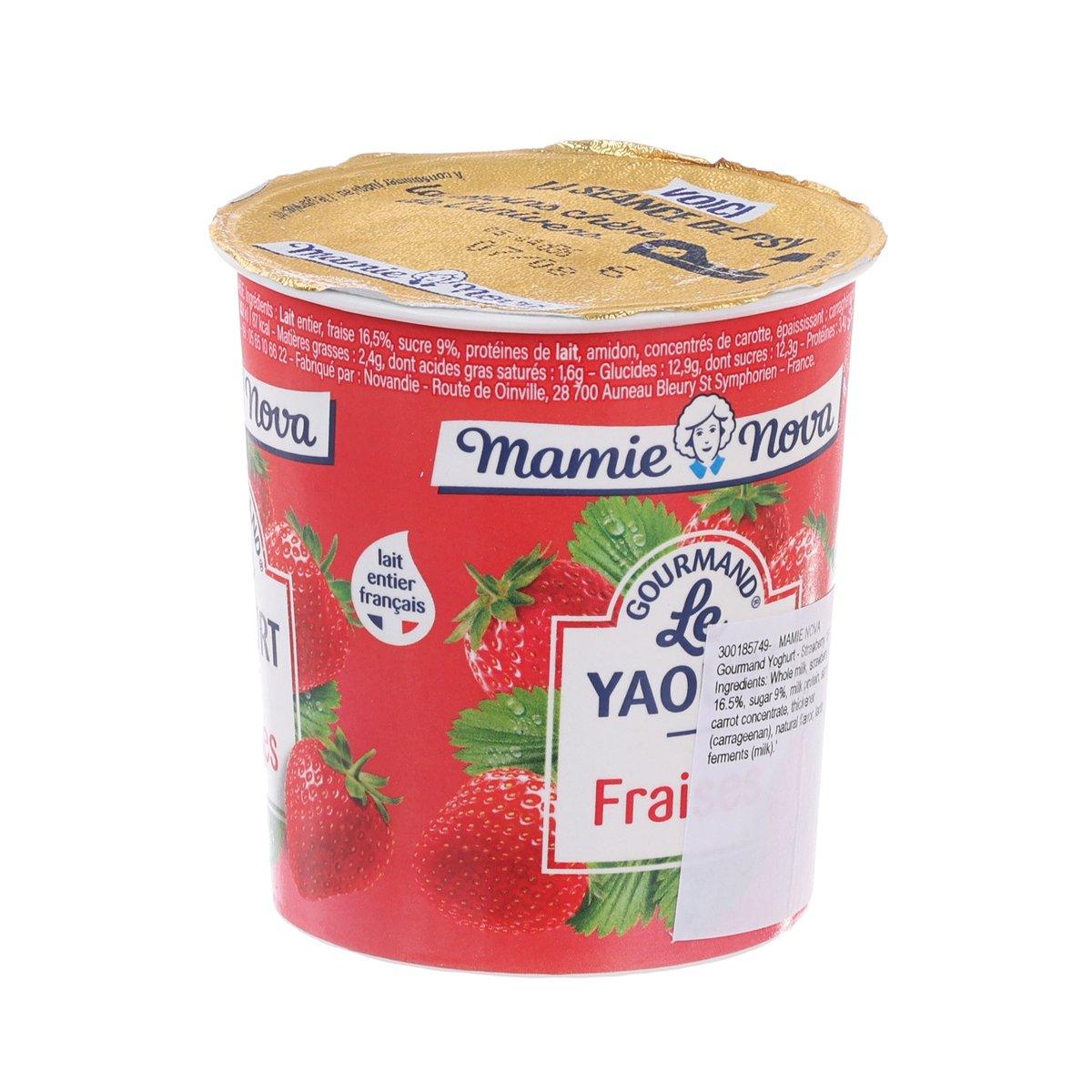 Strawberry yogurt cup with gold foil lid and Mamie Nova branding on the side.