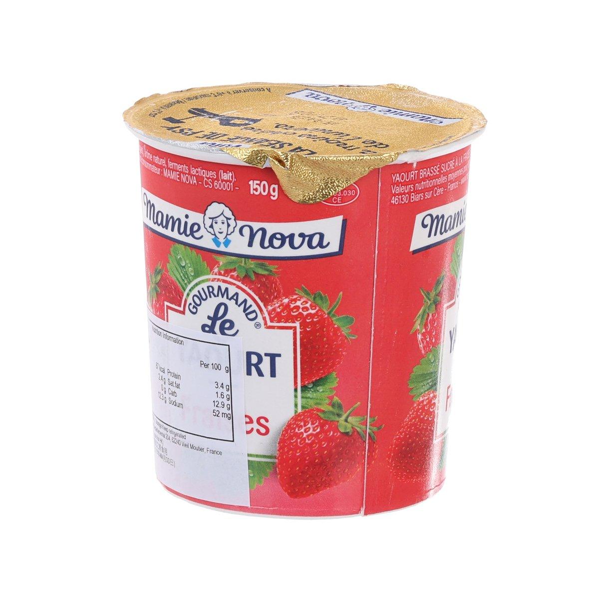 Strawberry yogurt cup side view with red strawberry print and Mamie Nova logo.
