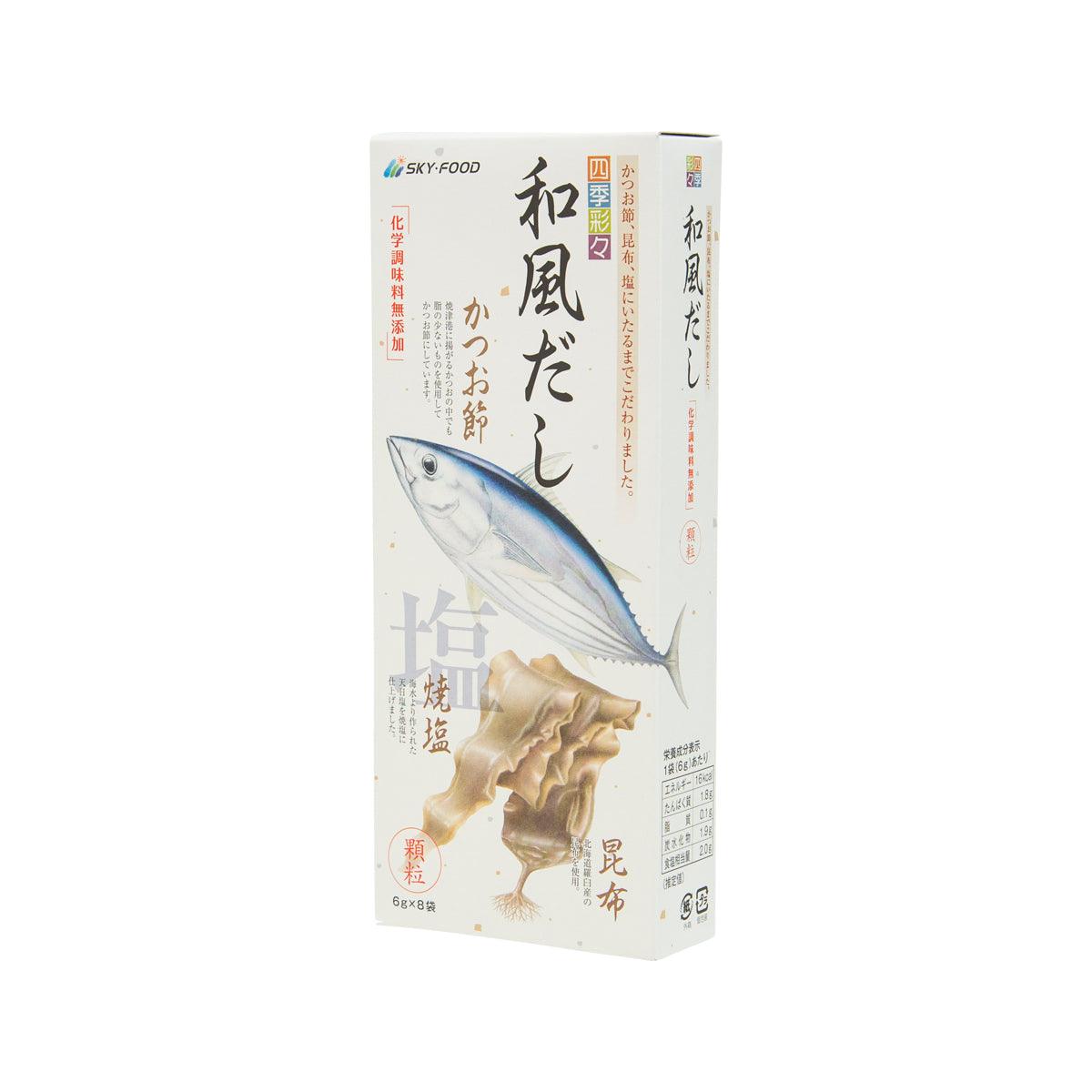 Bonito and kelp soup stock pack, side view of product box with food illustrations