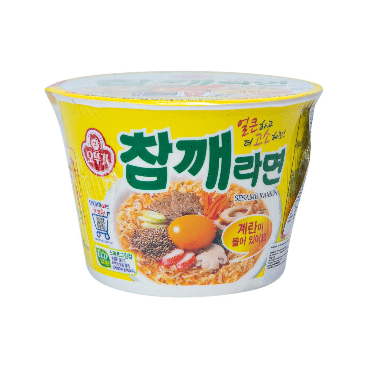 OTTOGI sesame ramen instant noodle cup, yellow top with ingredient graphics