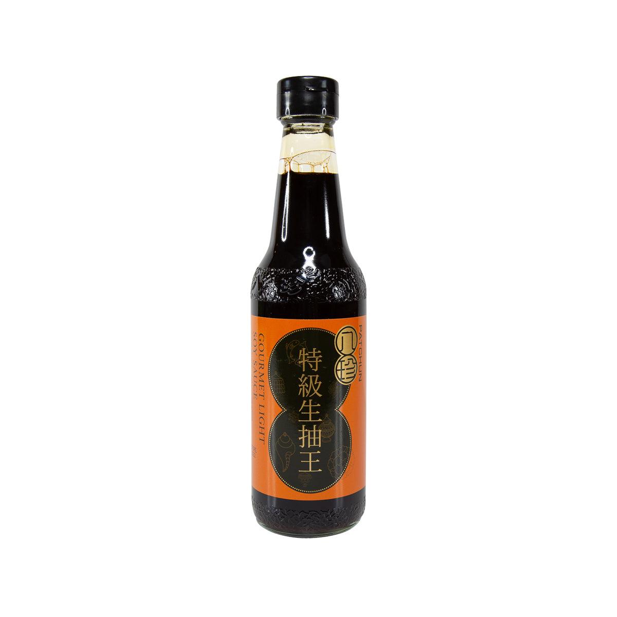 Light soy sauce bottle with dark glass and orange label, 300 mL