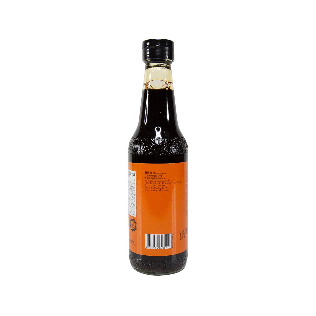 Light soy sauce bottle, back label and barcode on orange panel