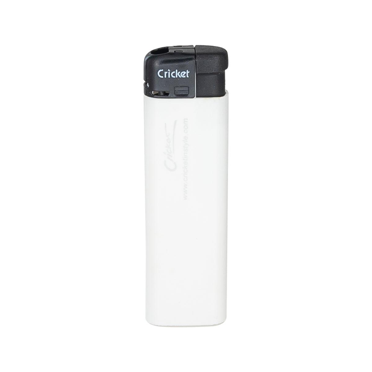 Electric lighter with Cricket logo, white body and black flip-top