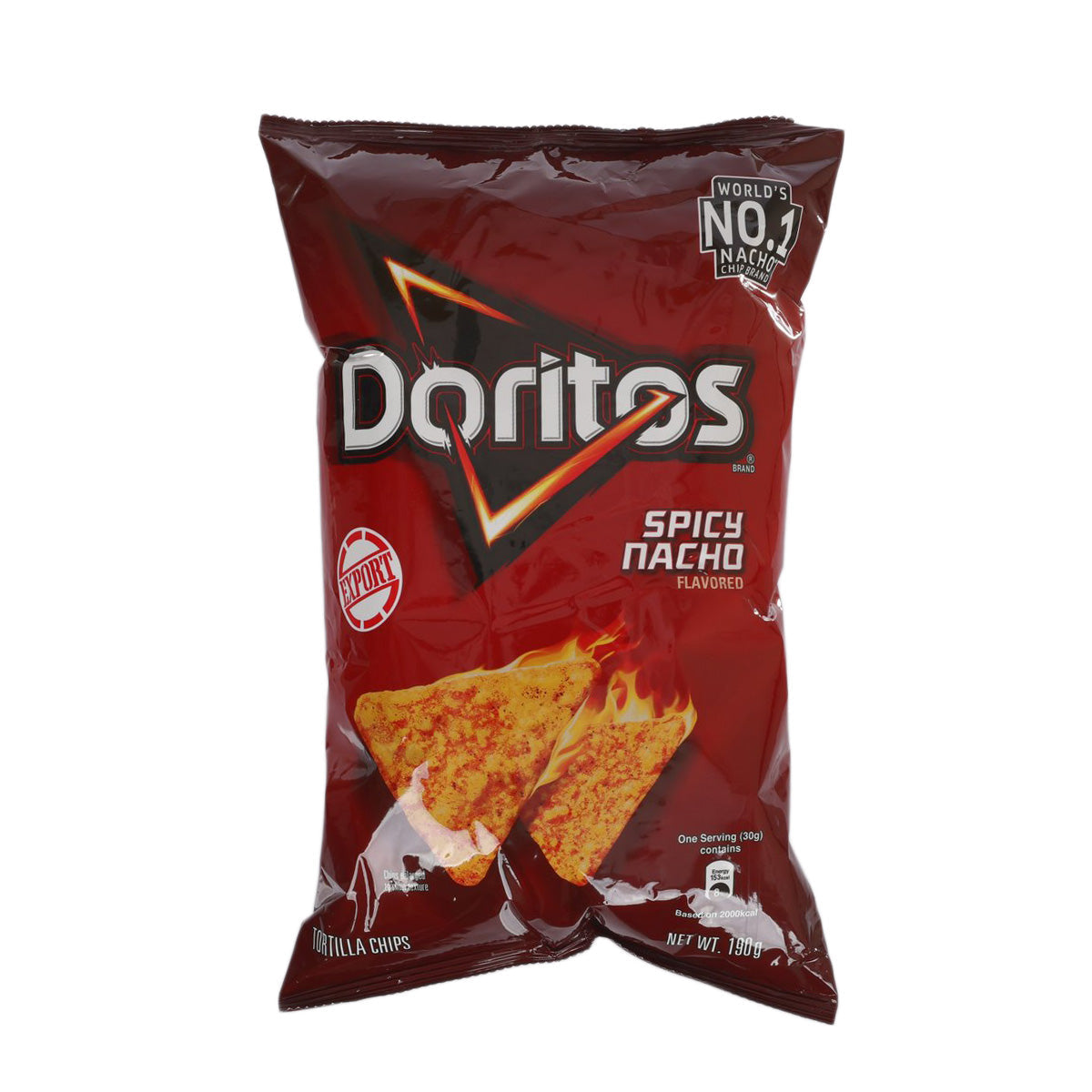 Doritos Spicy Nacho tortilla chips bag, red package front with chips graphic