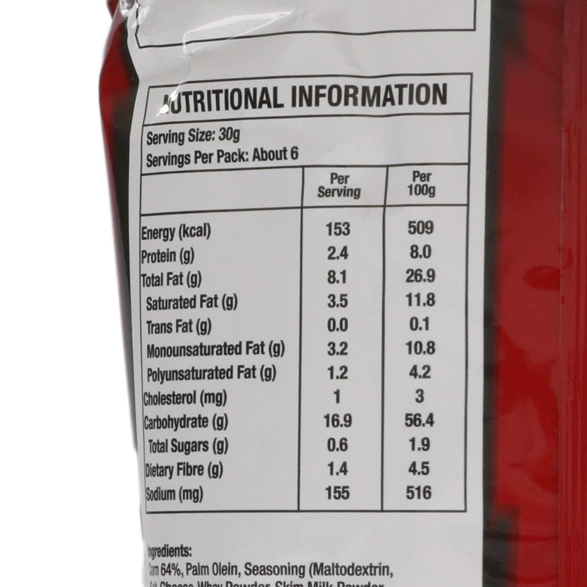 Nutrition facts panel for tortilla chips, serving size 30g