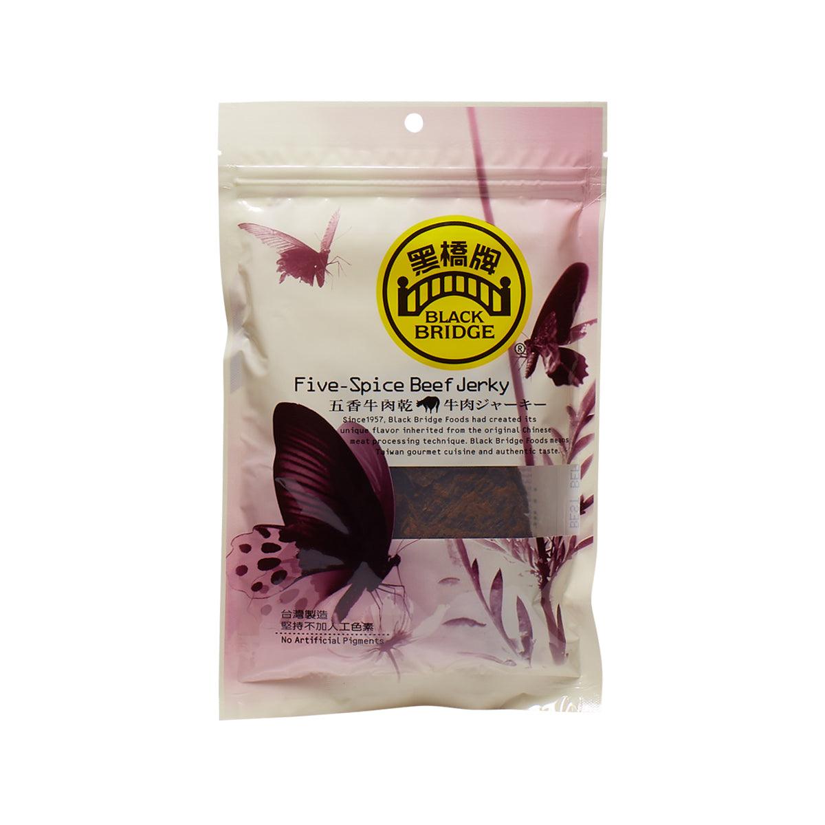 BLACK BRIDGE five-spice beef jerky pouch, front with butterfly graphic