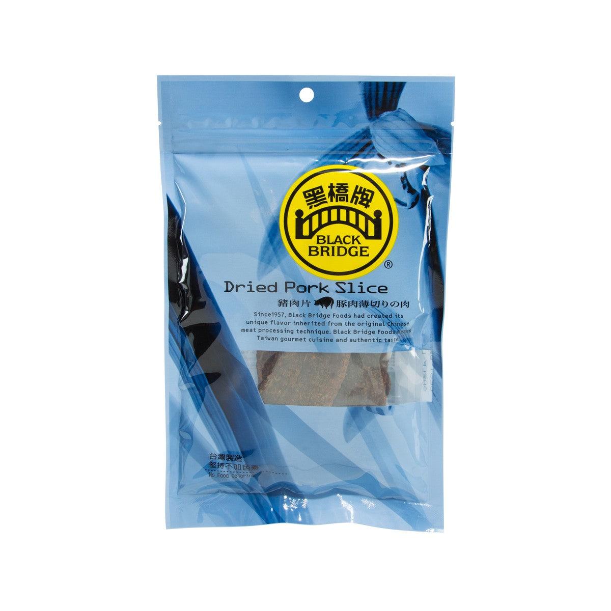 Dried pork slice pouch with front label and visible brown dried slices