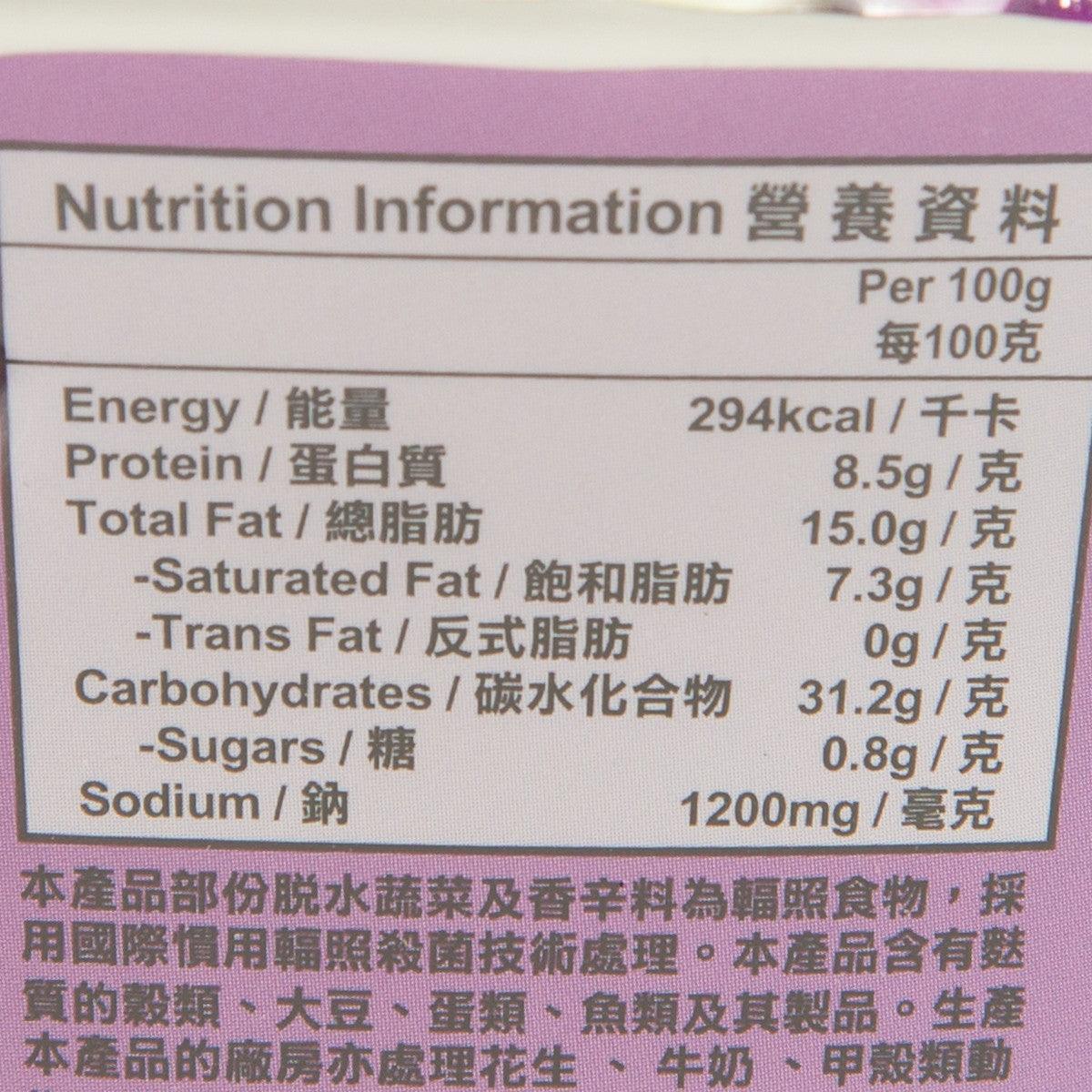 Nutrition information panel for beef flavor instant noodle cup, per 100g