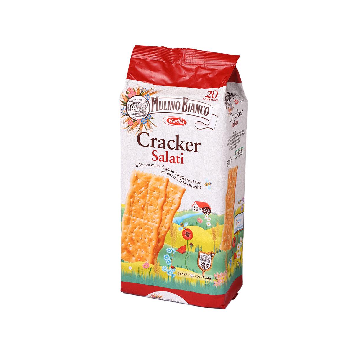 MULINO BIANCO salted cracker bag, front panel with orange crackers and red foil seal