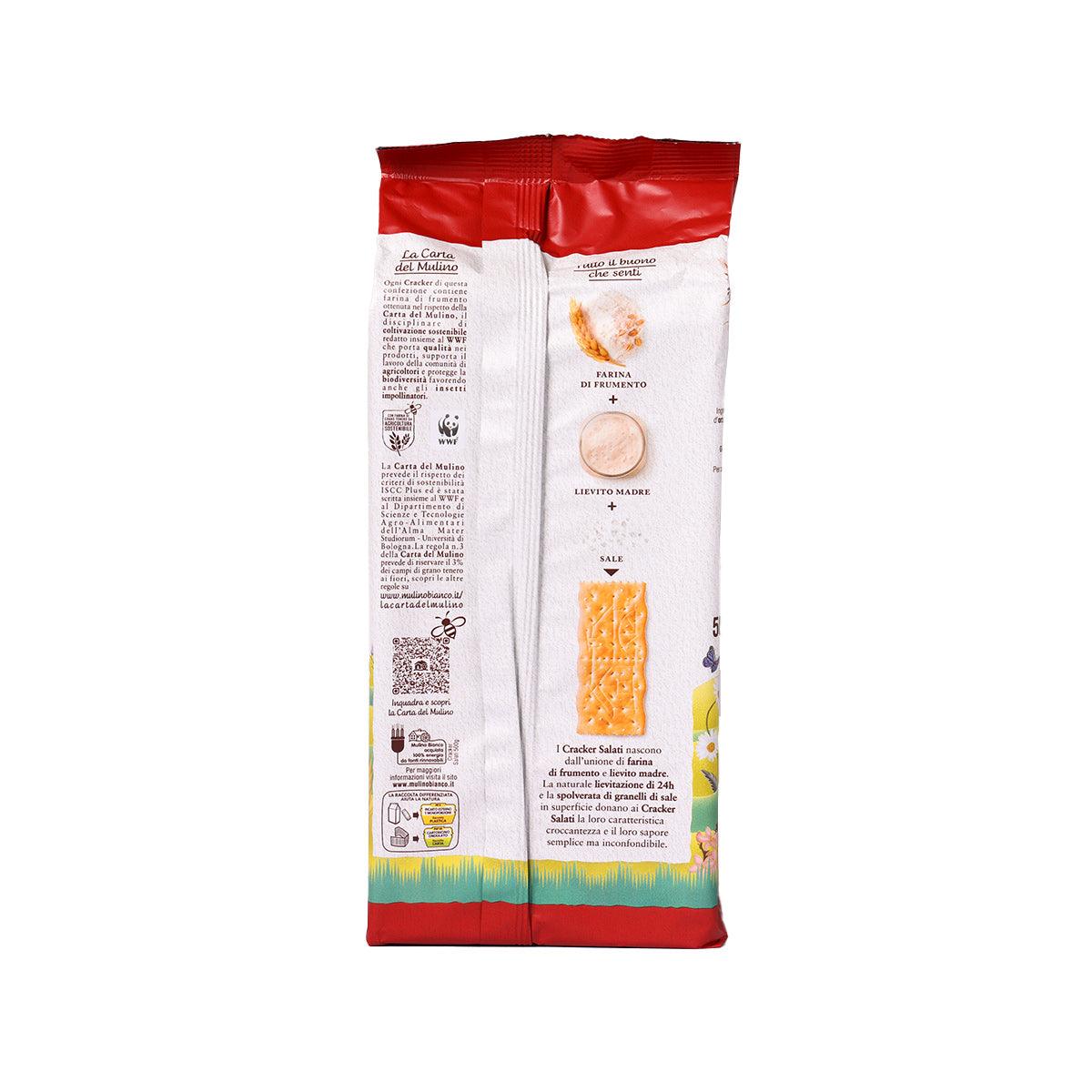 MULINO BIANCO salted crackers bag, back label with ingredients and allergen info