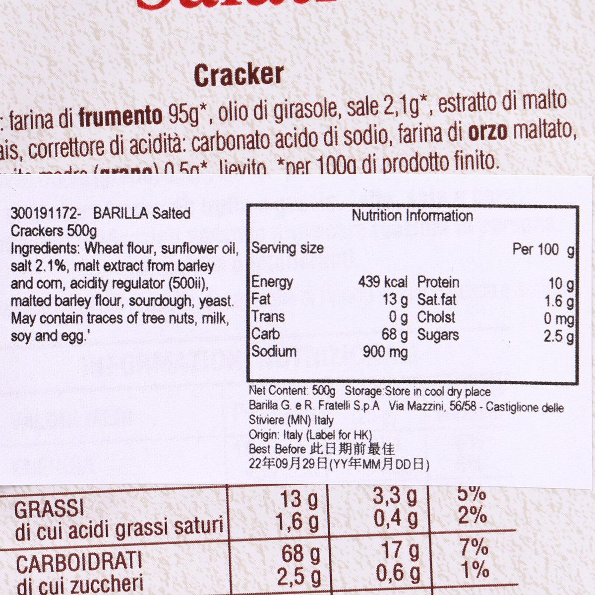 Nutrition information label on salted cracker bag, per 100g energy and nutrients