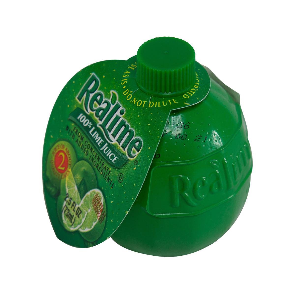 REALIME plastic squeeze lime juice bottle, angled view with green cap and side label