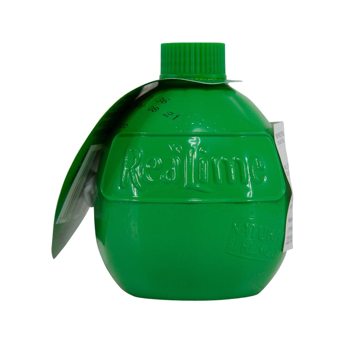 REALIME plastic squeeze lime juice bottle, rear view with green cap and side tab