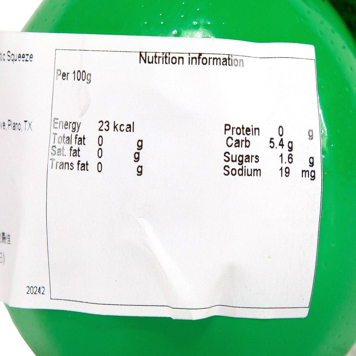 Nutrition information label on REALIME lime juice bottle