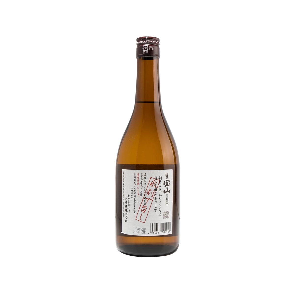 NISHI imo shochu bottle, amber glass with back label and barcode