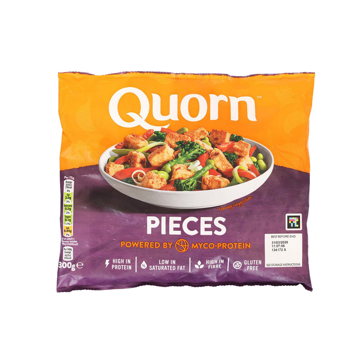 QUORN meat-free chicken-style pieces 300g bag, front view with PIECES label