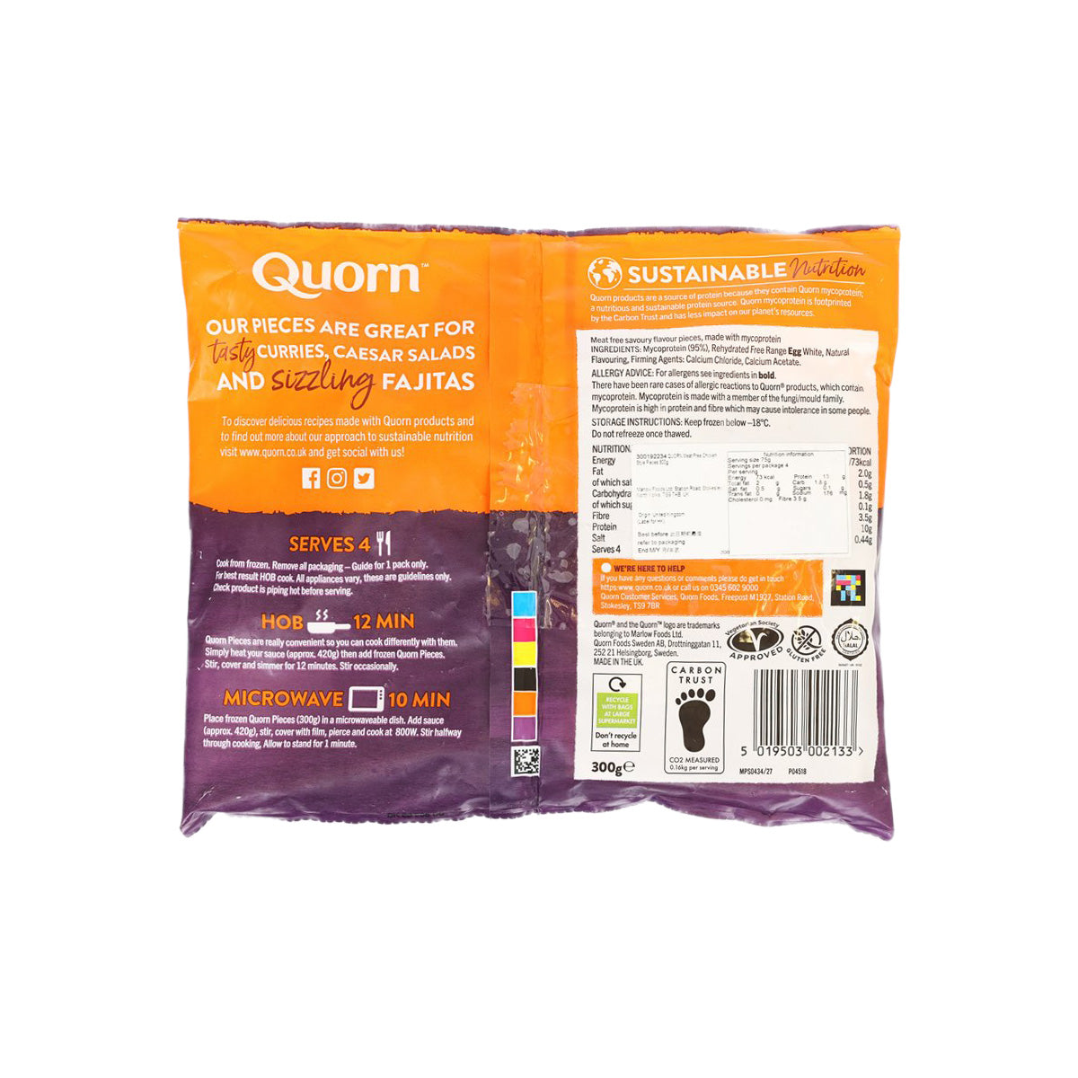 QUORN meat-free chicken-style pieces 300g bag, back with cooking directions
