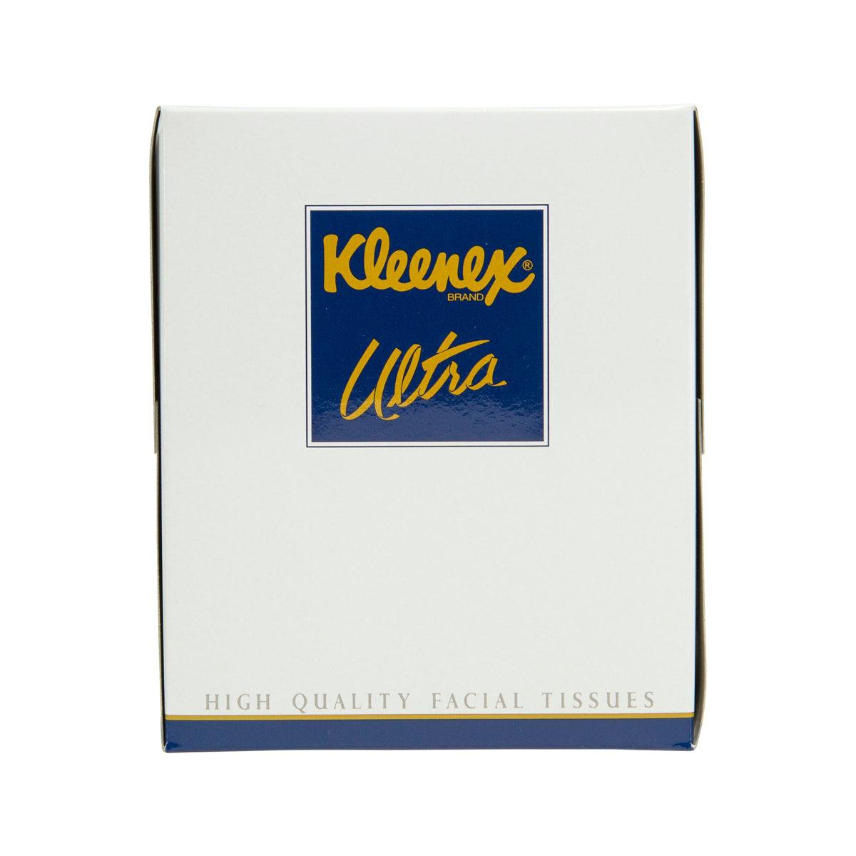 Small facial tissue box with KLEENEX Ultra branding, white with blue and gold logo