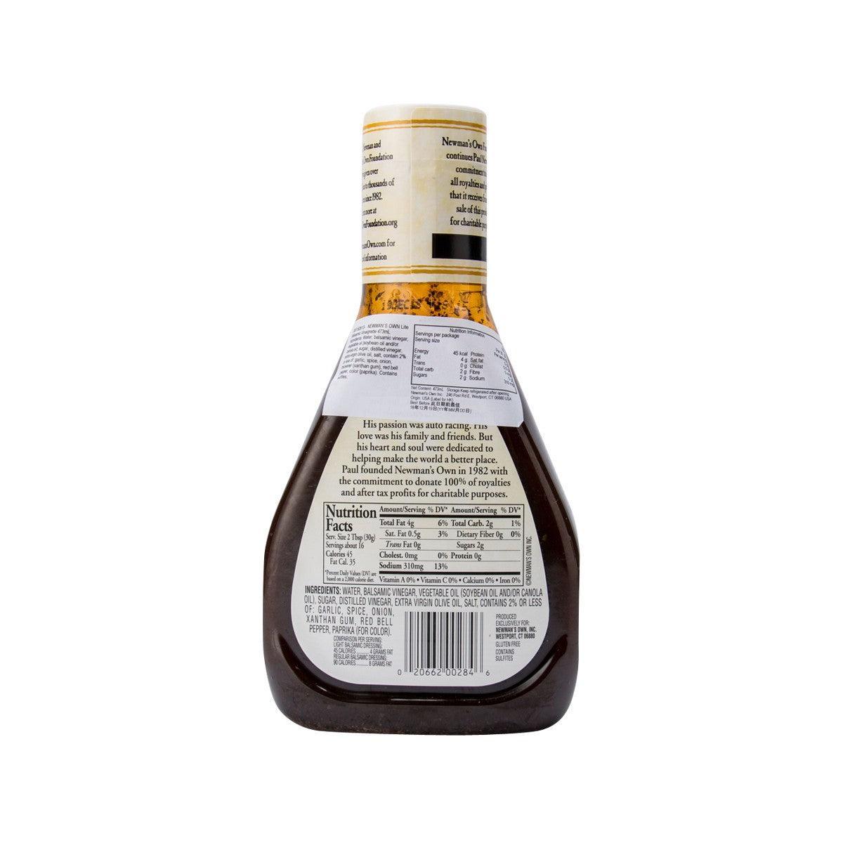 NEWMAN light balsamic vinaigrette dressing bottle, back label with nutrition facts