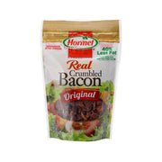 Hormel Real crumbled bacon pouch, Original, less fat label, resealable bag.