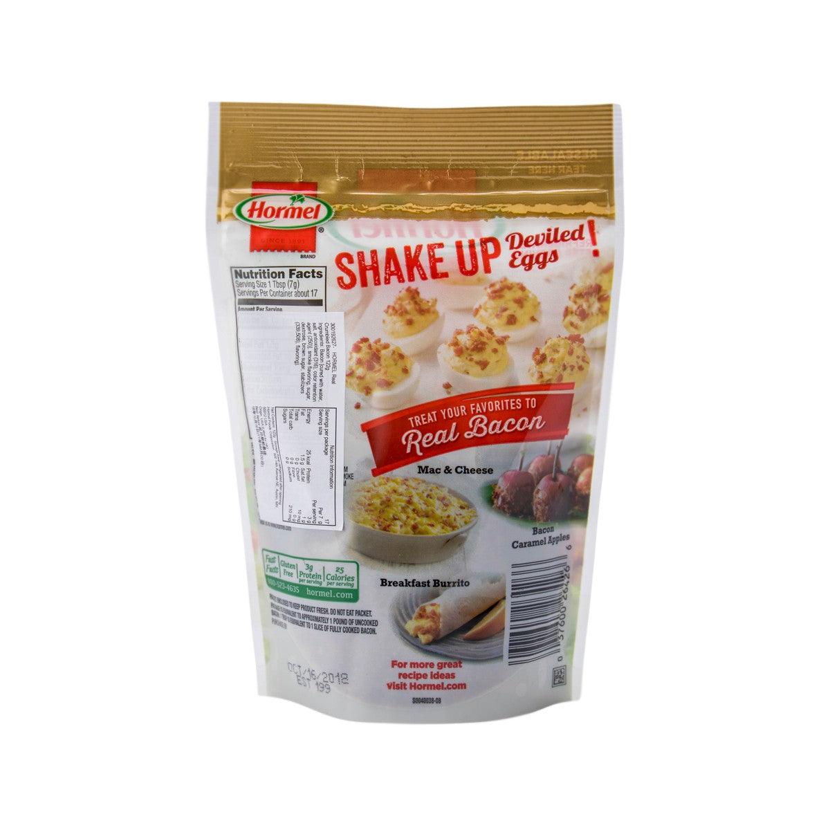 Hormel Real crumbled bacon pouch, nutrition facts and Shake Up recipe side.