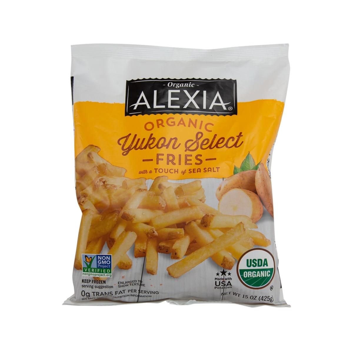 ALEXIA Organic Yukon Select Fries bag with yellow branding and fry pieces