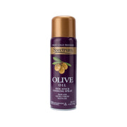 Olive oil spray bottle with gold cap and purple label, non-stick cold pressed
