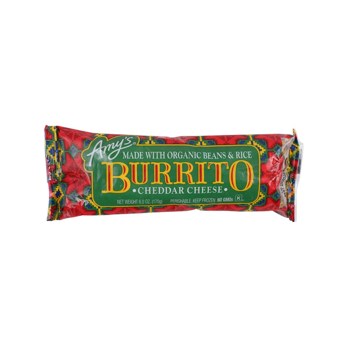 Cheddar cheese burrito packet with AMY'S KITCHEN front label