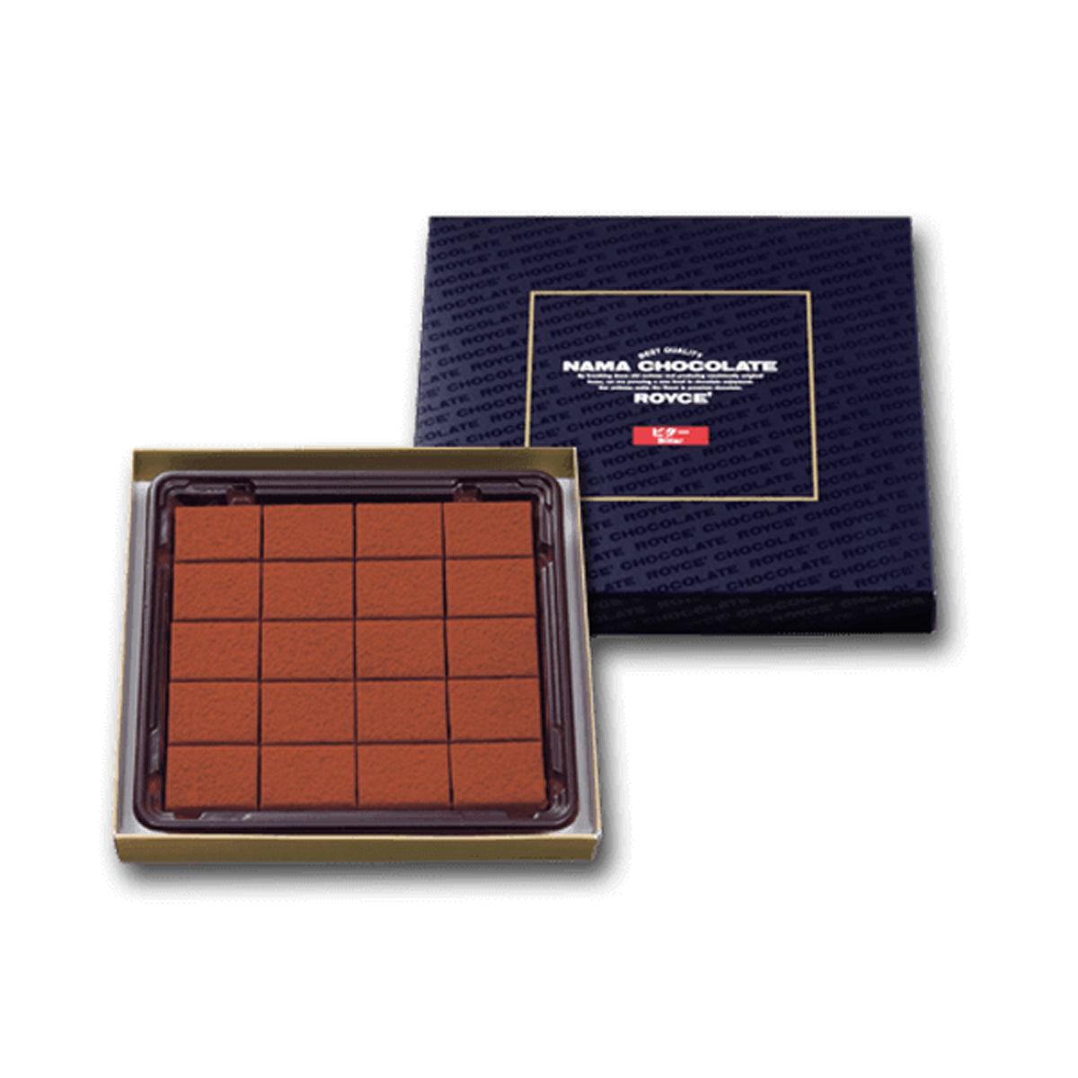 ROYCE' Nama Chocolate bitter box with 16 square dark chocolate pieces in tray