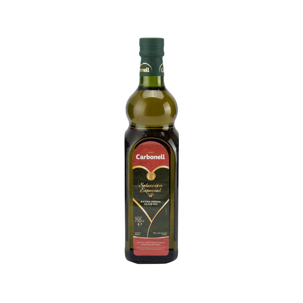 Carbonell extra virgin olive oil bottle, 750 mL, with green cap and red label.