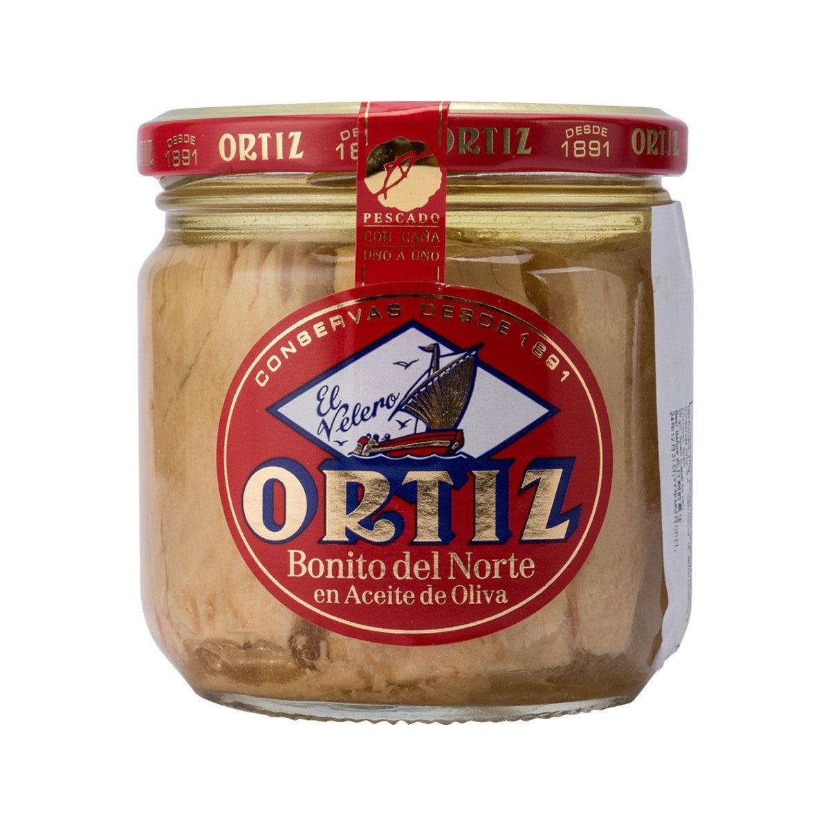 Ortiz tuna in olive oil jar with red lid, 270 g front label
