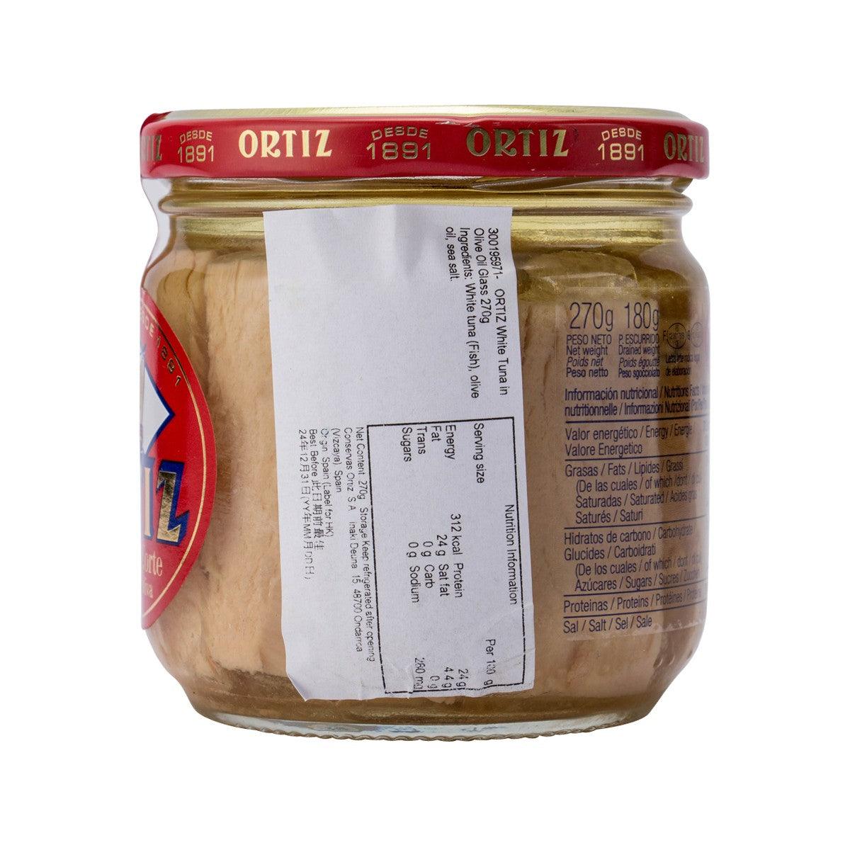 Ortiz tuna in olive oil jar, back label and nutrition panel, 270 g