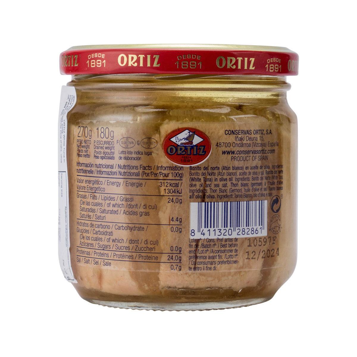 Ortiz tuna in olive oil jar, barcode and ingredients on label, 270 g