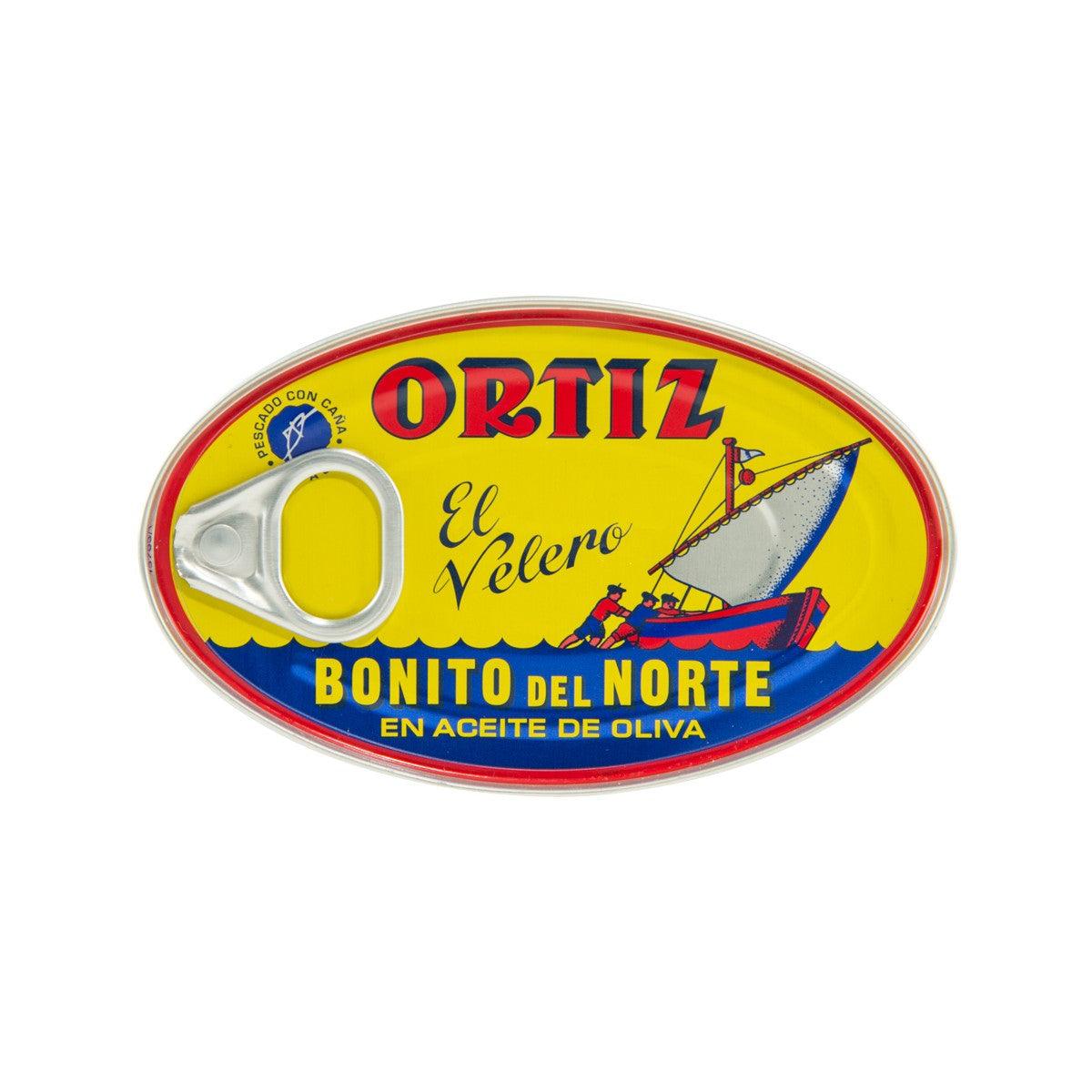 ORTIZ bonito del norte tuna can in olive oil, yellow front label with sailboat