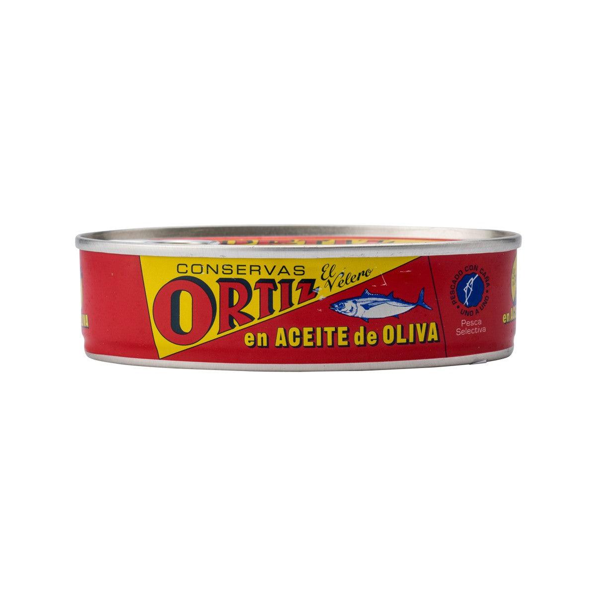 Bonito del norte tuna can in olive oil, red side label with ORTIZ branding