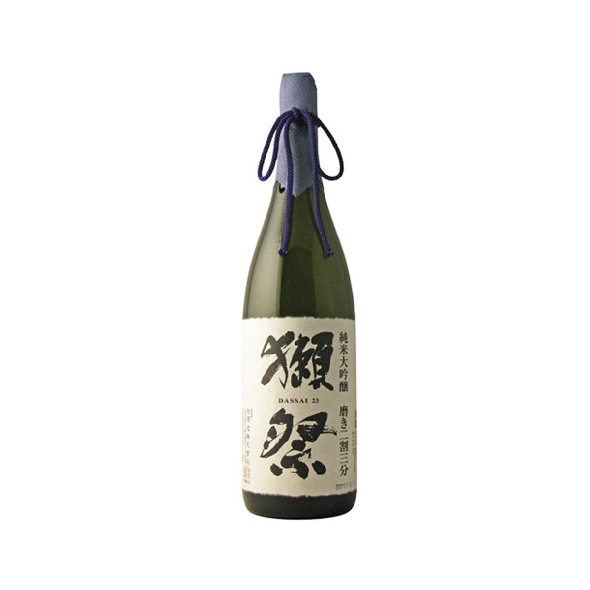 DASSAI 23 Junmai Daiginjo sake bottle, green glass with blue cord tied neck