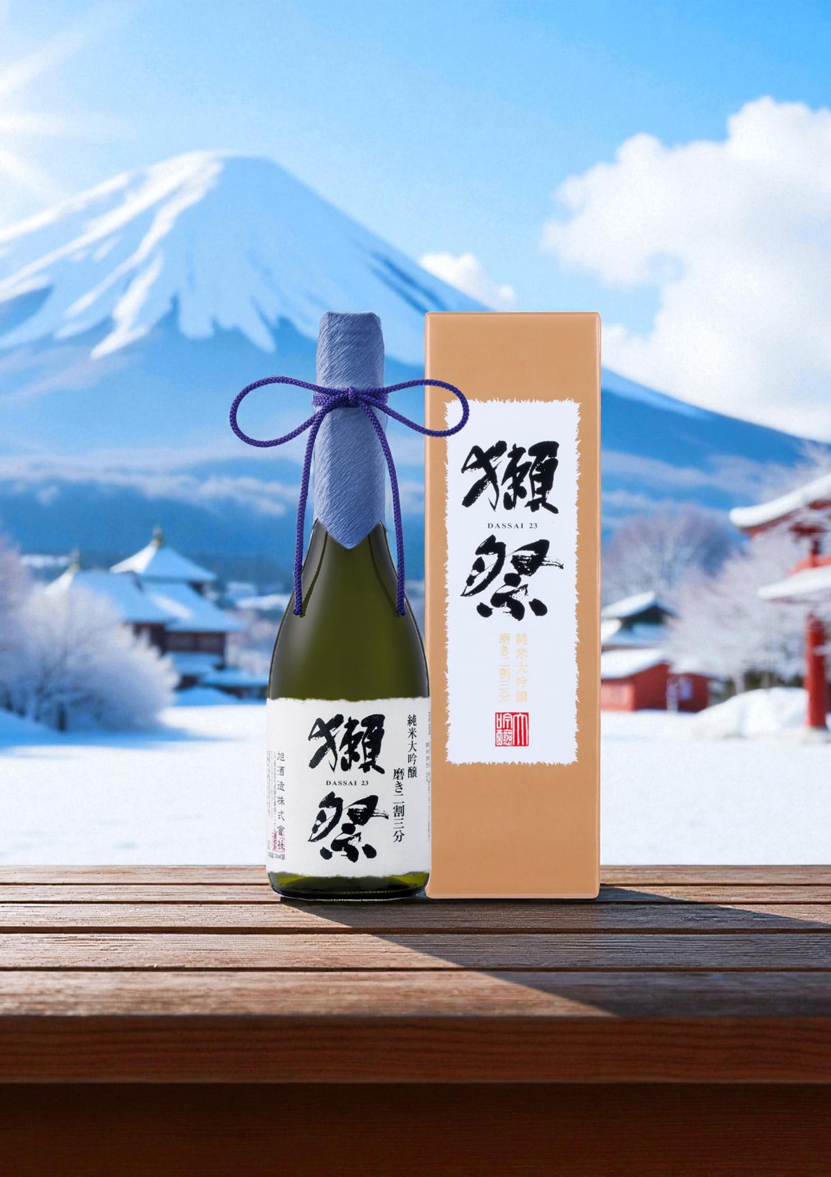 DASSAI 23 sake bottle with blue wrap and matching box