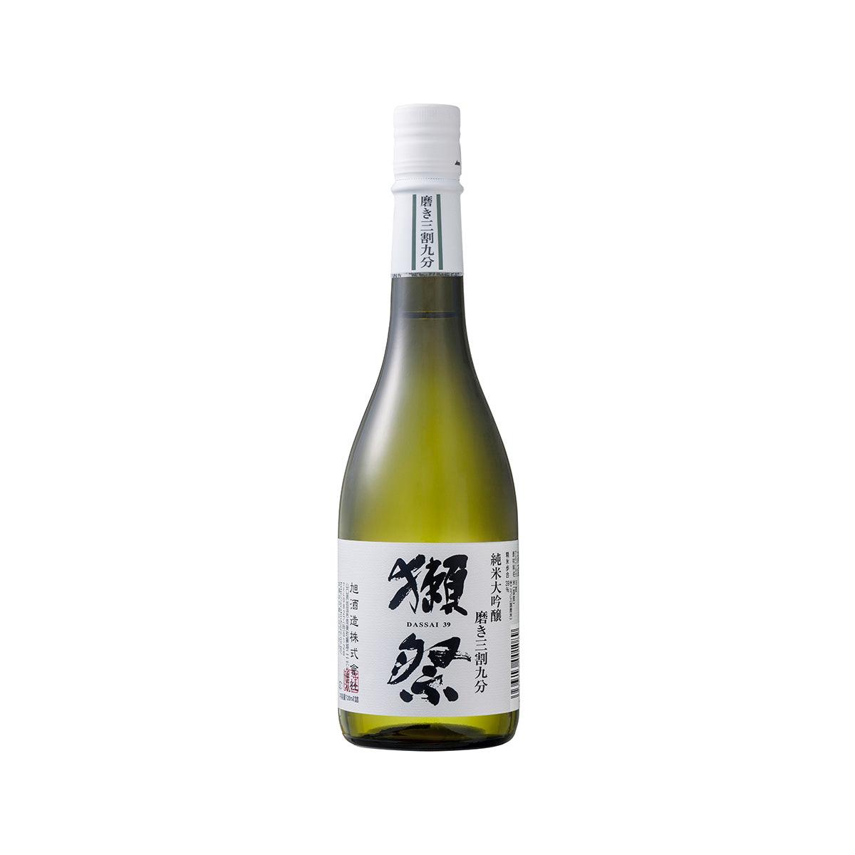 DASSAI 39 Junmai Daiginjo sake bottle with white cap, dark label and Japanese text.