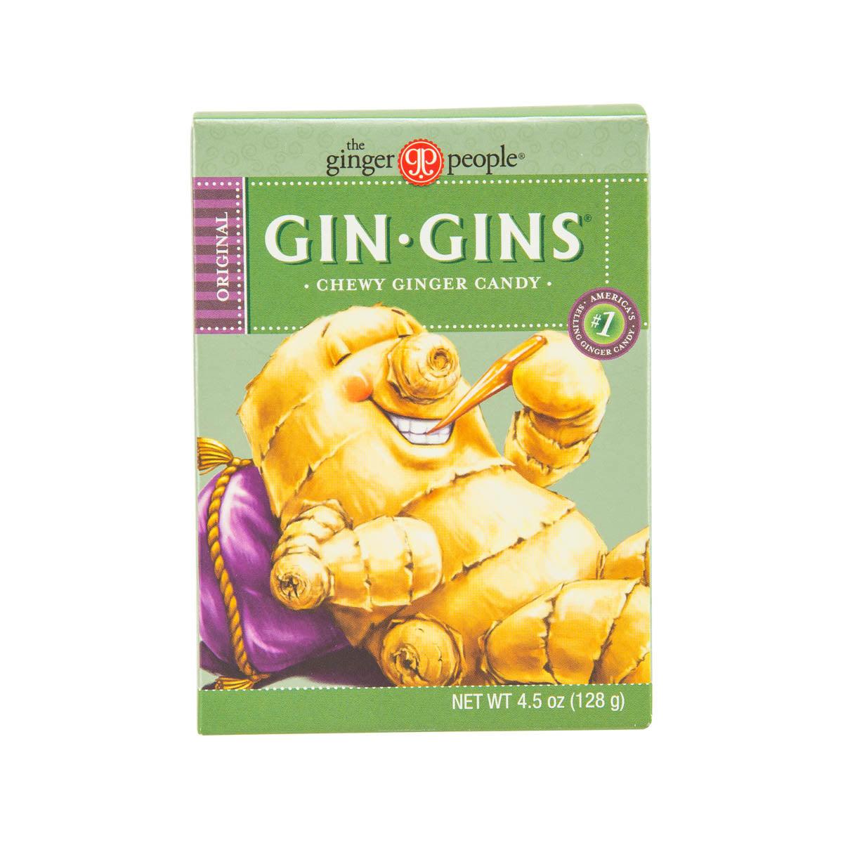 Chewy ginger candy box, green with Gin-Gins label and ginger man art