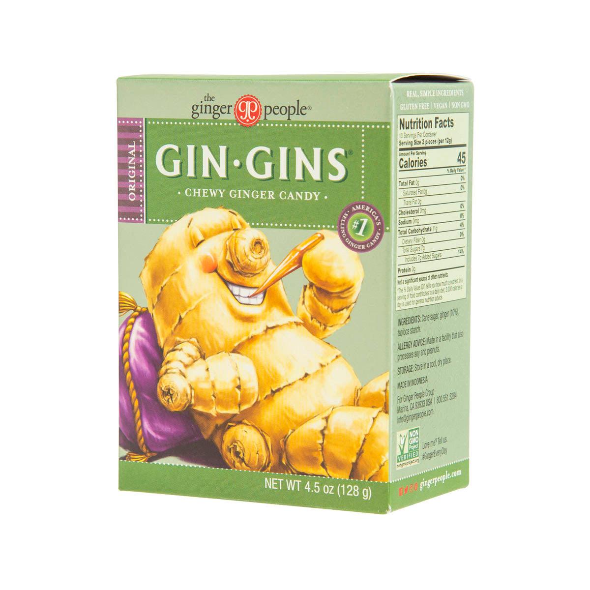 Chewy ginger candy box side with nutrition facts panel and green branding