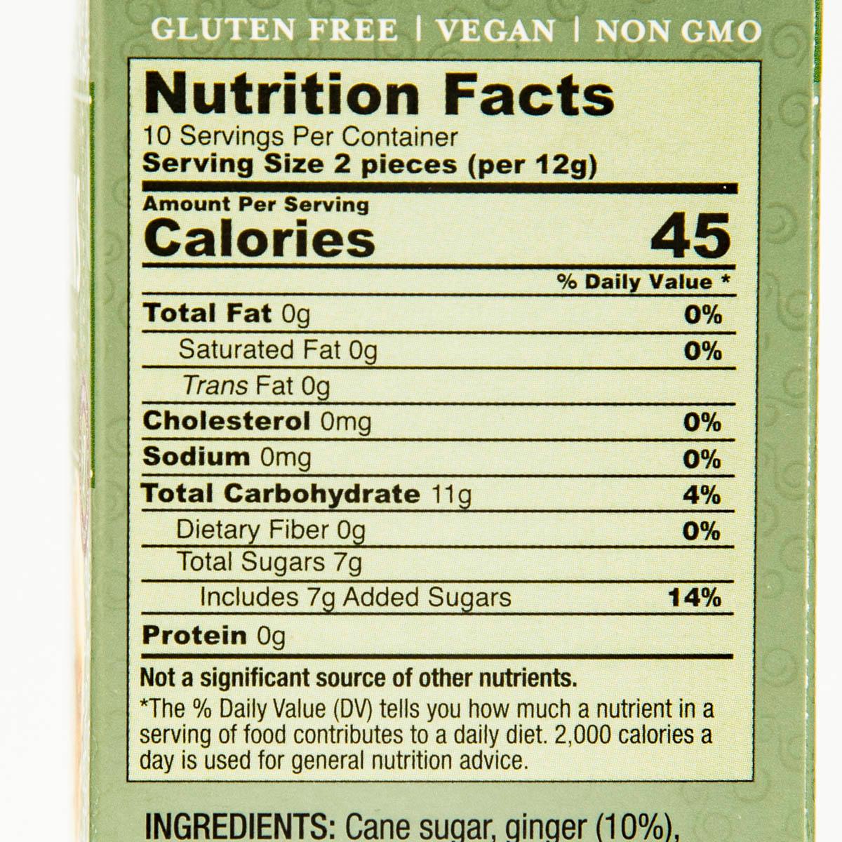 Close-up of nutrition facts label on chewy ginger candy box