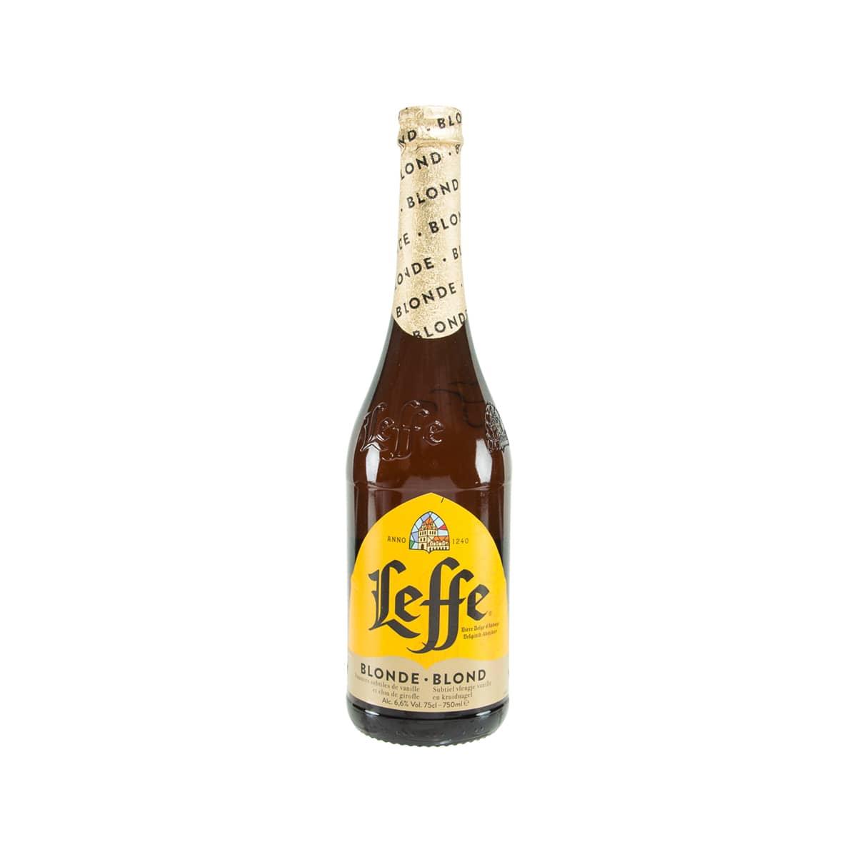 LEFFE blonde Belgian beer bottle with yellow front label