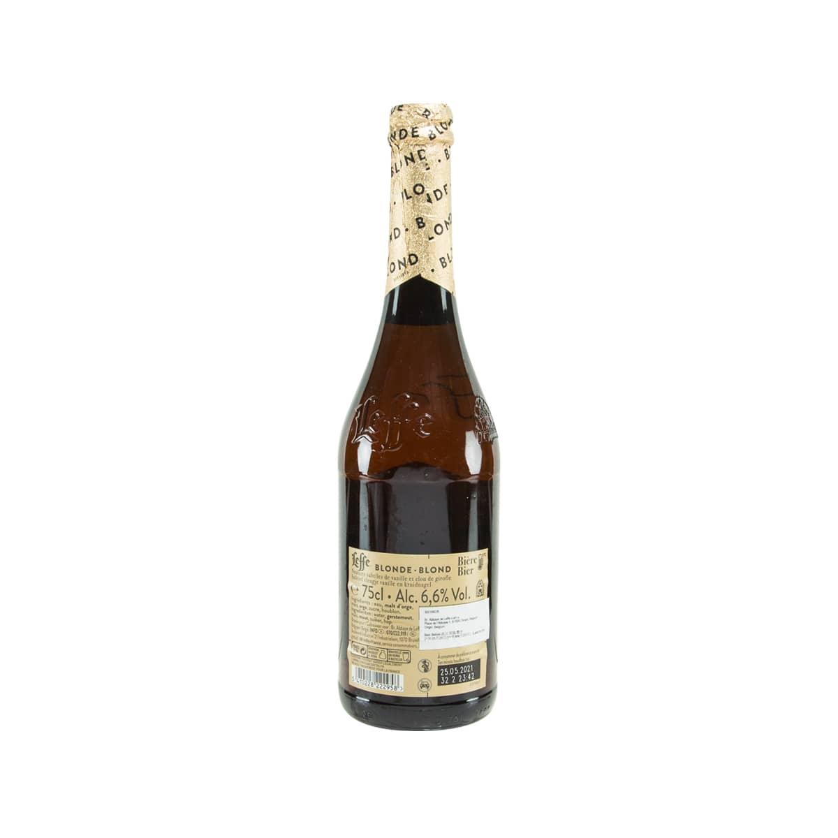LEFFE blonde Belgian beer bottle with back label and barcode