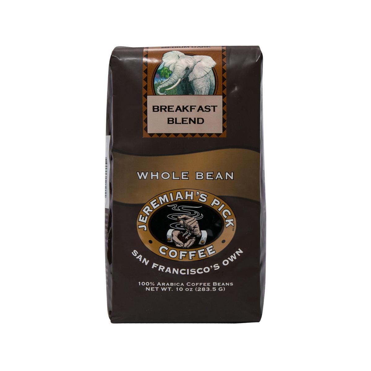 Jeremiah's Pick breakfast blend whole bean coffee bag, dark brown pouch