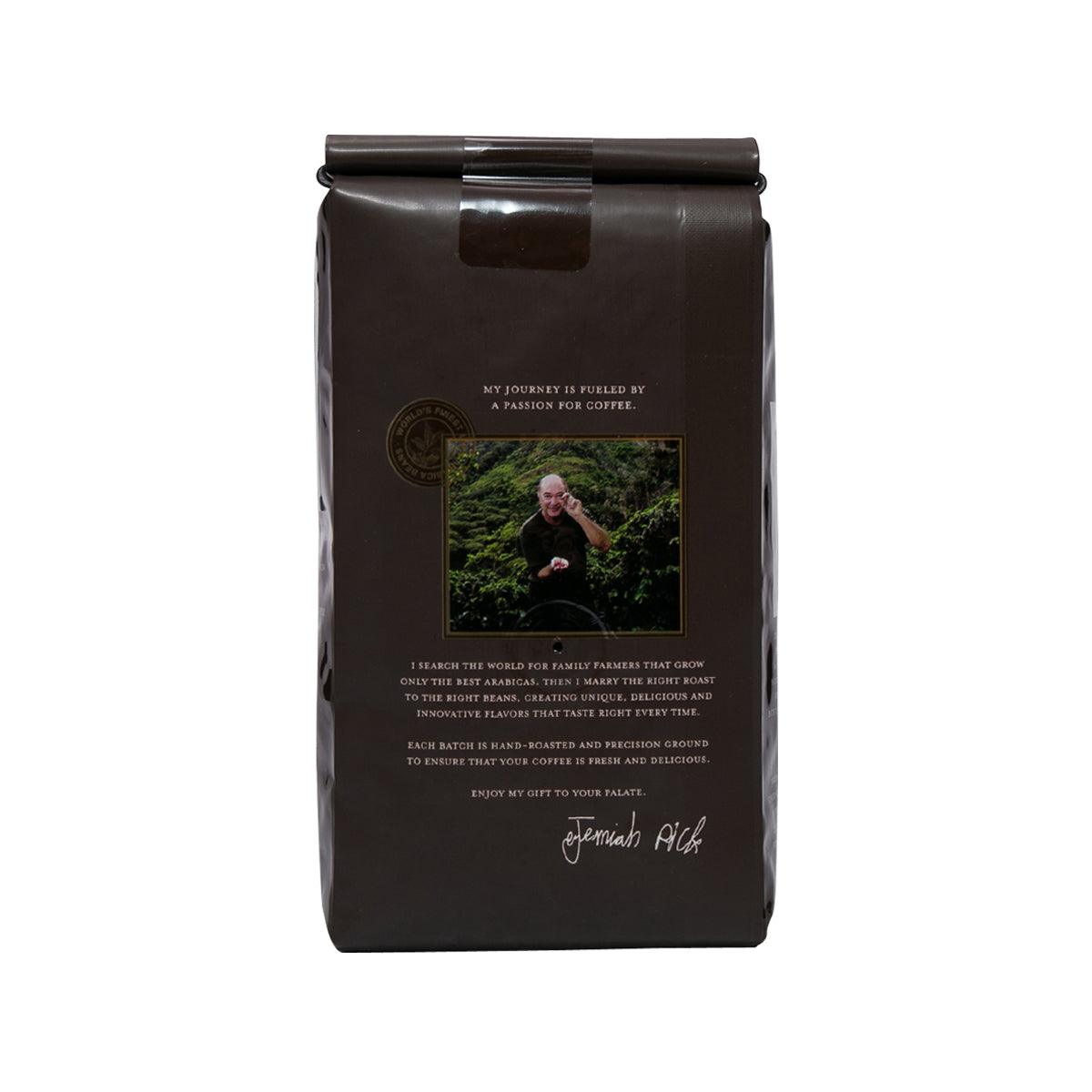 Jeremiah's Pick breakfast blend whole bean coffee bag, back with product details