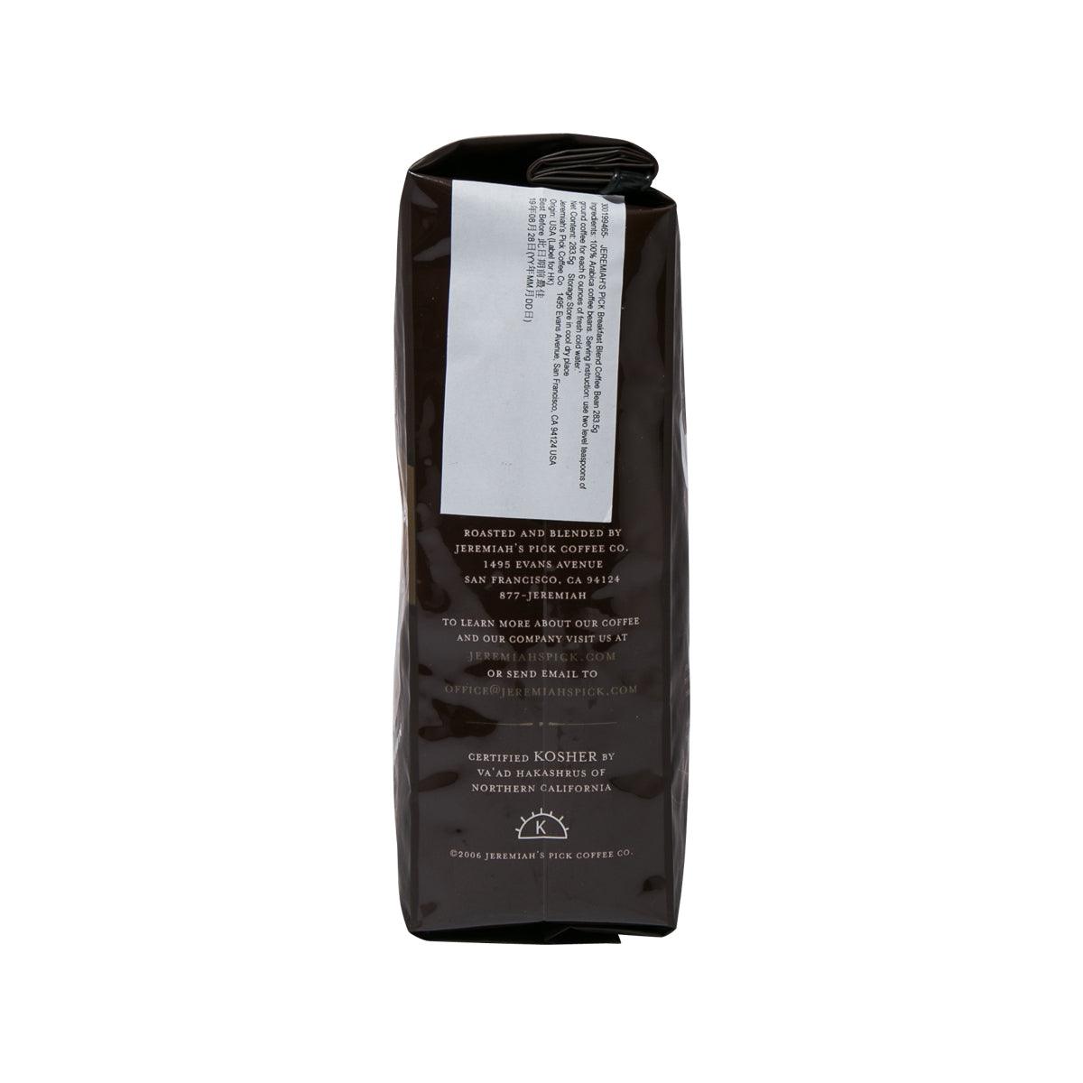 Jeremiah's Pick breakfast blend whole bean coffee bag, side text and kosher seal