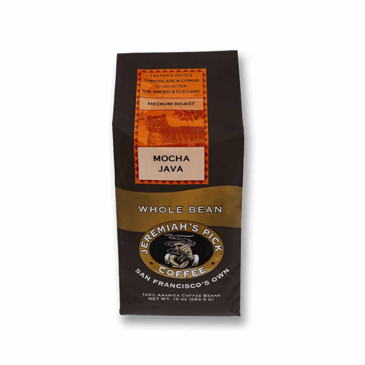 Whole bean coffee bag, medium roast Mocha Java, 100% Arabica, 10 oz