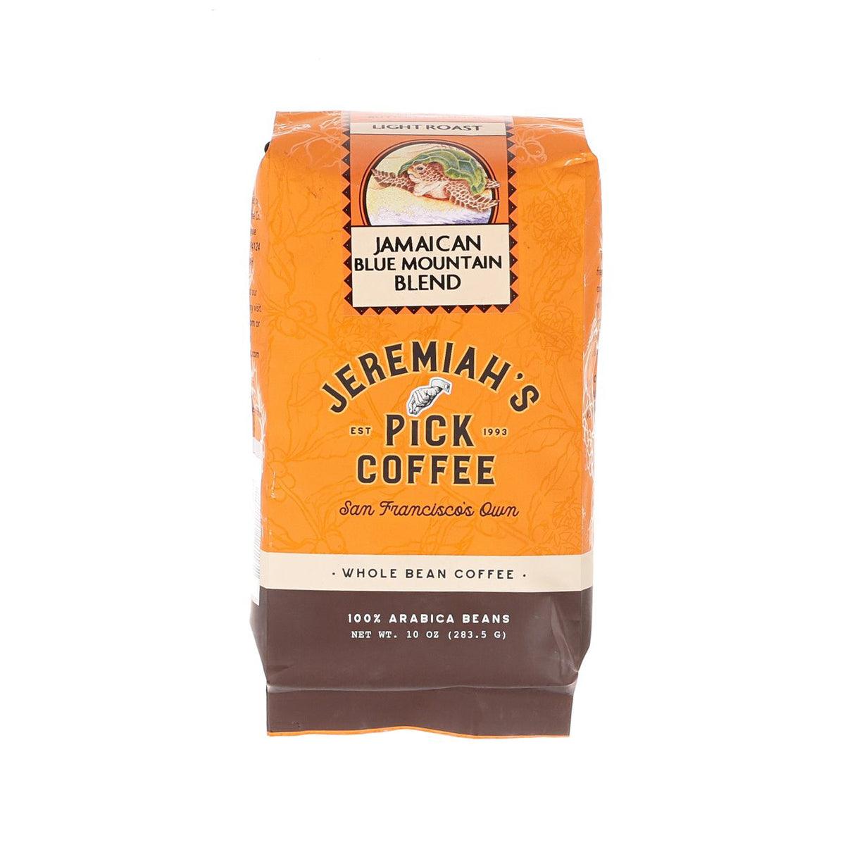 Whole bean coffee bag, Jamaican Blue Mountain Blend, orange and brown label, 283.5g