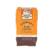 Whole bean coffee bag, Jamaican Blue Mountain Blend, orange and brown label, 283.5g