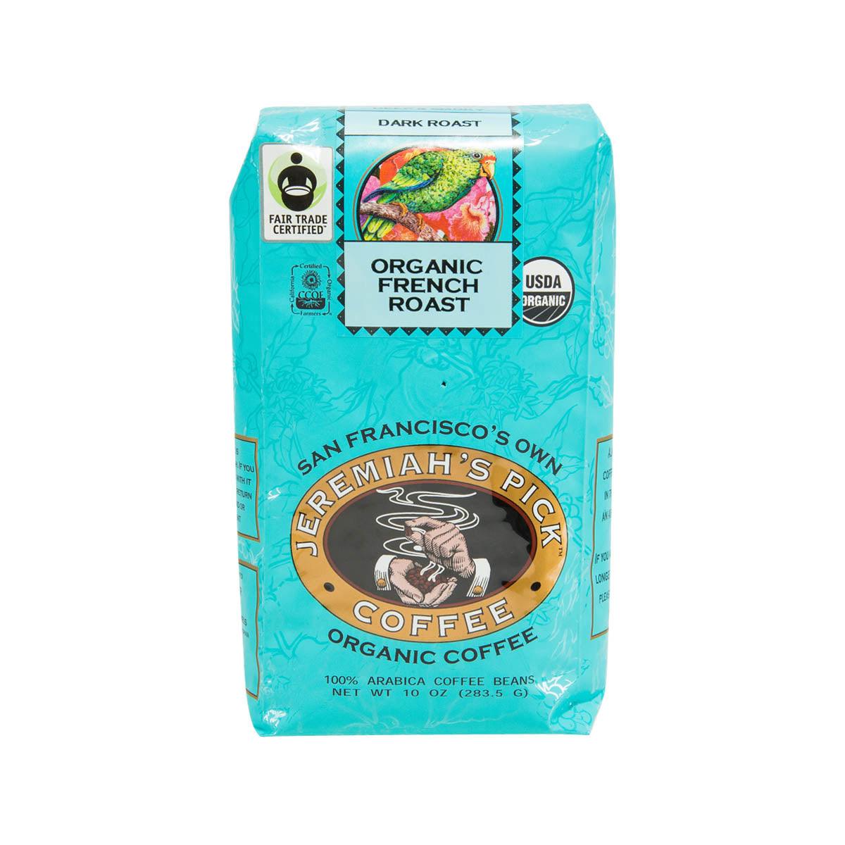 Organic French roast coffee bag by Jeremiah's Pick, 283.5g, whole beans, USDA Organic